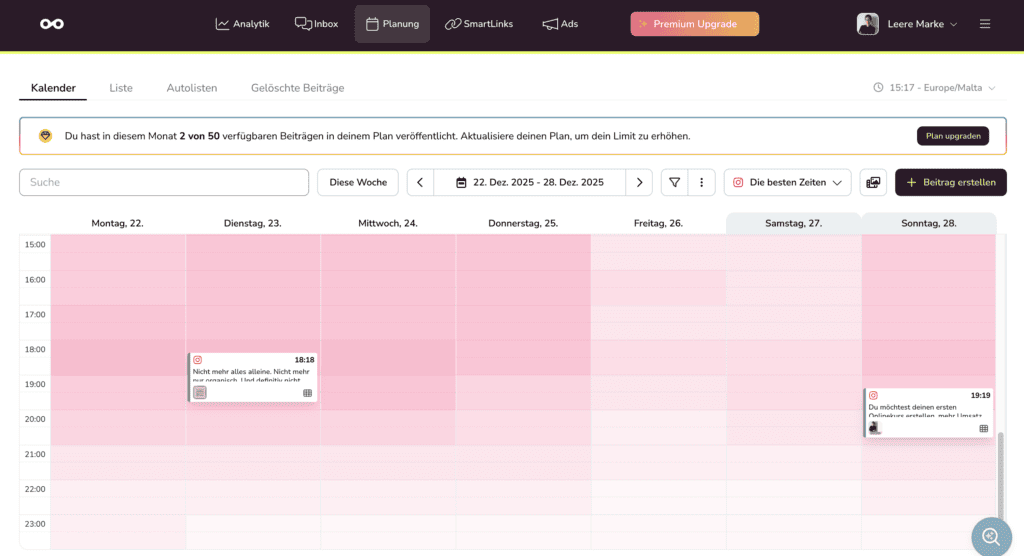 Instagram ohne Stress: Screenshot eines Social-Media-Planungskalenders mit zwei geplanten Instagram-Posts in einer Wochenübersicht.