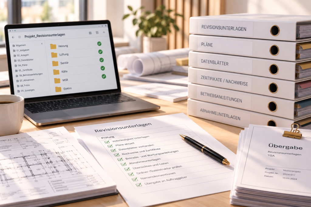 Fertiggestellte Revisionsunterlagen mit Checkliste, Plänen und Übergabedokumenten